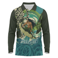 Aotearoa Tangaroa Atua Long Sleeve Polo Shirt New Zealand God Of The Ocean LT14 Cyan - Polynesian Pride