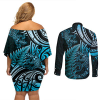 New Zealand Lizard Couples Matching Off Shoulder Short Dress and Long Sleeve Button Shirt Silver Fern Aotearoa Maori Blue Version