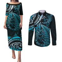 New Zealand Lizard Couples Matching Puletasi and Long Sleeve Button Shirt Silver Fern Aotearoa Maori Blue Version LT14 Blue - Polynesian Pride
