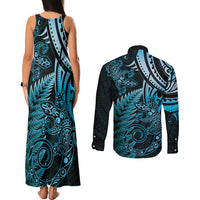 New Zealand Lizard Couples Matching Tank Maxi Dress and Long Sleeve Button Shirt Silver Fern Aotearoa Maori Blue Version LT14 - Polynesian Pride