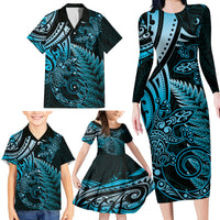 New Zealand Lizard Family Matching Long Sleeve Bodycon Dress and Hawaiian Shirt Silver Fern Aotearoa Maori Blue Version LT14 - Polynesian Pride