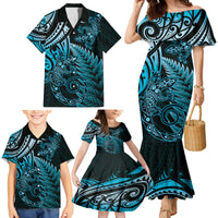 New Zealand Lizard Family Matching Mermaid Dress and Hawaiian Shirt Silver Fern Aotearoa Maori Blue Version LT14 - Polynesian Pride