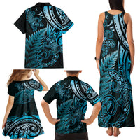 New Zealand Lizard Family Matching Tank Maxi Dress and Hawaiian Shirt Silver Fern Aotearoa Maori Blue Version LT14 - Polynesian Pride