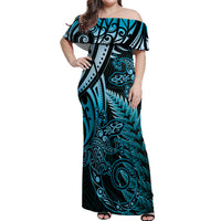 New Zealand Lizard Off Shoulder Maxi Dress Silver Fern Aotearoa Maori Blue Version