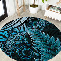 New Zealand Lizard Round Carpet Silver Fern Aotearoa Maori Blue Version