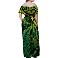 New Zealand Lizard Family Matching Off Shoulder Maxi Dress and Hawaiian Shirt Silver Fern Aotearoa Maori Green Version LT14 - Polynesian Pride