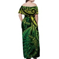 New Zealand Lizard Off Shoulder Maxi Dress Silver Fern Aotearoa Maori Green Version