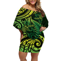New Zealand Lizard Off Shoulder Short Dress Silver Fern Aotearoa Maori Green Version LT14 Women Green - Polynesian Pride