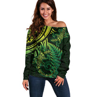 New Zealand Lizard Off Shoulder Sweater Silver Fern Aotearoa Maori Green Version