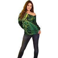 New Zealand Lizard Off Shoulder Sweater Silver Fern Aotearoa Maori Green Version
