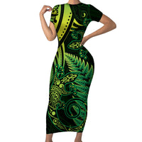 New Zealand Lizard Short Sleeve Bodycon Dress Silver Fern Aotearoa Maori Green Version