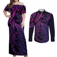 New Zealand Lizard Couples Matching Off Shoulder Maxi Dress and Long Sleeve Button Shirt Silver Fern Aotearoa Maori Purple Version LT14 Purple - Polynesian Pride