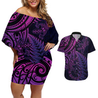 New Zealand Lizard Couples Matching Off Shoulder Short Dress and Hawaiian Shirt Silver Fern Aotearoa Maori Purple Version LT14 Purple - Polynesian Pride