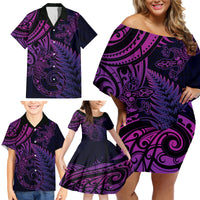 New Zealand Lizard Family Matching Off Shoulder Short Dress and Hawaiian Shirt Silver Fern Aotearoa Maori Purple Version LT14 - Polynesian Pride