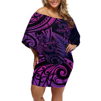 New Zealand Lizard Off Shoulder Short Dress Silver Fern Aotearoa Maori Purple Version LT14 Women Purple - Polynesian Pride