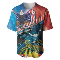 Personalised United States And New Zealand Baseball Jersey USA Eagle With Kowhai Aotearoa Tui Bird LT14 Blue - Polynesian Pride
