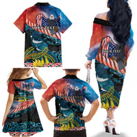 Personalised United States And New Zealand Family Matching Off The Shoulder Long Sleeve Dress and Hawaiian Shirt USA Eagle With Kowhai Aotearoa Tui Bird
