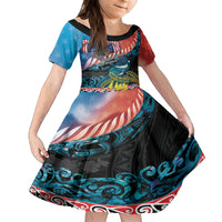 Personalised United States And New Zealand Family Matching Off Shoulder Maxi Dress and Hawaiian Shirt USA Eagle With Kowhai Aotearoa Tui Bird LT14 Daughter's Dress Blue - Polynesian Pride
