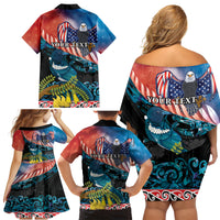 Personalised United States And New Zealand Family Matching Off Shoulder Short Dress and Hawaiian Shirt USA Eagle With Kowhai Aotearoa Tui Bird LT14 - Polynesian Pride