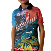 Personalised United States And New Zealand Kid Polo Shirt USA Eagle With Kowhai Aotearoa Tui Bird