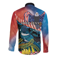 Personalised United States And New Zealand Long Sleeve Button Shirt USA Eagle With Kowhai Aotearoa Tui Bird