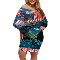 Personalised United States And New Zealand Off Shoulder Short Dress USA Eagle With Kowhai Aotearoa Tui Bird