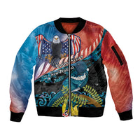 Personalised United States And New Zealand Sleeve Zip Bomber Jacket USA Eagle With Kowhai Aotearoa Tui Bird