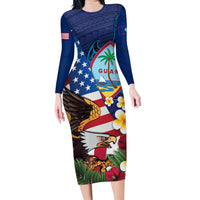 Personalised United States And Guam Family Matching Long Sleeve Bodycon Dress and Hawaiian Shirt USA Eagle With Guahan Seal Tropical Vibes LT14 Mom's Dress Blue - Polynesian Pride