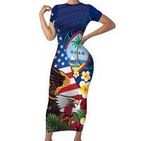 Personalised United States And Guam Family Matching Short Sleeve Bodycon Dress and Hawaiian Shirt USA Eagle With Guahan Seal Tropical Vibes LT14 Mom's Dress Blue - Polynesian Pride