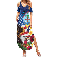 Personalised United States And Guam Family Matching Summer Maxi Dress and Hawaiian Shirt USA Eagle With Guahan Seal Tropical Vibes LT14 Mom's Dress Blue - Polynesian Pride