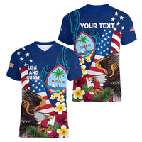 Personalised United States And Guam Women V Neck T Shirt USA Eagle With Guahan Seal Tropical Vibes
