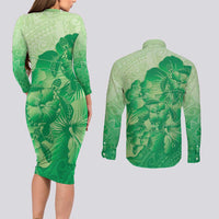 Aloha Hawaii Molokai Island Couples Matching Long Sleeve Bodycon Dress and Long Sleeve Button Shirt Hibiscus Tribal Honu Hawaiian Tattoo Green