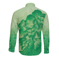 Aloha Hawaii Molokai Island Long Sleeve Button Shirt Hibiscus Tribal Honu Hawaiian Tattoo Green