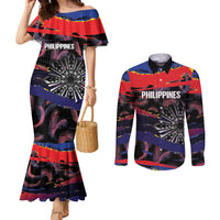 Philippines Sun Tattoo Couples Matching Mermaid Dress and Long Sleeve Button Shirt Feathers Filipinas Grunge Style Black LT14 Black - Polynesian Pride