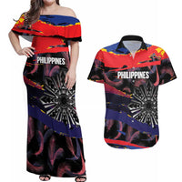 Philippines Sun Tattoo Couples Matching Off Shoulder Maxi Dress and Hawaiian Shirt Feathers Filipinas Grunge Style Black LT14 Black - Polynesian Pride