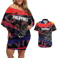 Philippines Sun Tattoo Couples Matching Off Shoulder Short Dress and Hawaiian Shirt Feathers Filipinas Grunge Style Black LT14 Black - Polynesian Pride