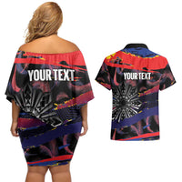 Philippines Sun Tattoo Couples Matching Off Shoulder Short Dress and Hawaiian Shirt Feathers Filipinas Grunge Style Black LT14 - Polynesian Pride