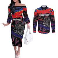 Philippines Sun Tattoo Couples Matching Off The Shoulder Long Sleeve Dress and Long Sleeve Button Shirt Feathers Filipinas Grunge Style Black LT14 Black - Polynesian Pride
