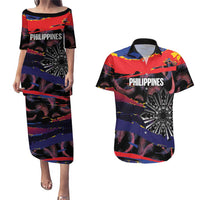 Philippines Sun Tattoo Couples Matching Puletasi and Hawaiian Shirt Feathers Filipinas Grunge Style Black LT14 Black - Polynesian Pride