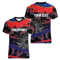 Philippines Sun Tattoo Women V-Neck T-Shirt Feathers Filipinas Grunge Style Black LT14 - Polynesian Pride