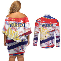 Philippines Sun Tattoo Couples Matching Off Shoulder Short Dress and Long Sleeve Button Shirt Feathers Filipinas Grunge Style White LT14 - Polynesian Pride