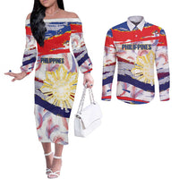 Philippines Sun Tattoo Couples Matching Off The Shoulder Long Sleeve Dress and Long Sleeve Button Shirt Feathers Filipinas Grunge Style White LT14 White - Polynesian Pride