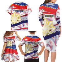 Philippines Sun Tattoo Family Matching Long Sleeve Bodycon Dress and Hawaiian Shirt Feathers Filipinas Grunge Style White