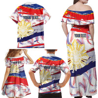 Philippines Sun Tattoo Family Matching Off Shoulder Maxi Dress and Hawaiian Shirt Feathers Filipinas Grunge Style White