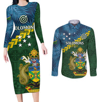 Personalised Solomon Islands Darts Couples Matching Long Sleeve Bodycon Dress and Long Sleeve Button Shirt Tropical Leaves Melanesian Pattern