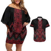 Red Aotearoa Mangopare Kowhaiwhai and Niho Taniwha Couples Matching Off Shoulder Short Dress and Hawaiian Shirt Maori New Zealand LT14 Red - Polynesian Pride
