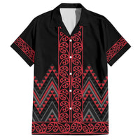Red Aotearoa Mangopare Kowhaiwhai and Niho Taniwha Family Matching Off The Shoulder Long Sleeve Dress and Hawaiian Shirt Maori New Zealand