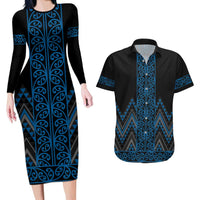 Blue Aotearoa Mangopare Kowhaiwhai and Niho Taniwha Couples Matching Long Sleeve Bodycon Dress and Hawaiian Shirt Maori New Zealand LT14 Blue - Polynesian Pride