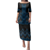 Blue Aotearoa Mangopare Kowhaiwhai and Niho Taniwha Family Matching Puletasi and Hawaiian Shirt Maori New Zealand LT14 Mom's Dress Blue - Polynesian Pride