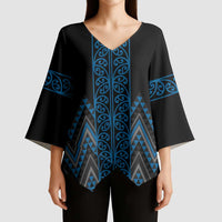 Blue Aotearoa Mangopare Kowhaiwhai Niho Taniwha Kimono Sleeve Blouse Maori New Zealand - Polynesian Pride